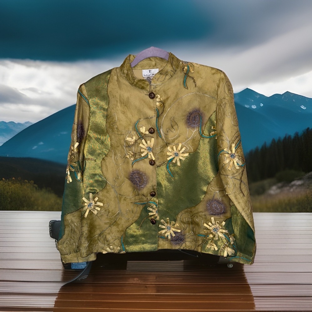 The Travel Collection Silk Blend Embroidered Jacket – Gold & Green, Beaded, Sz S